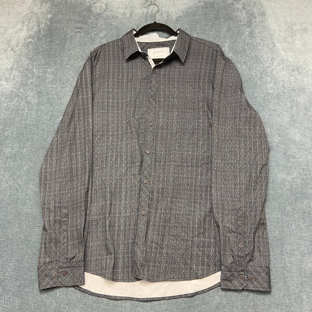 J.B. Holt Shirt Men XL Gray Geometric Standard Fit Business Button Up Hi Low Hem